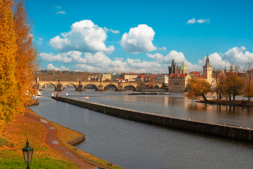Scenic Prague and Hradcany Castle panorama from the Vltava River, Czech Republic.
