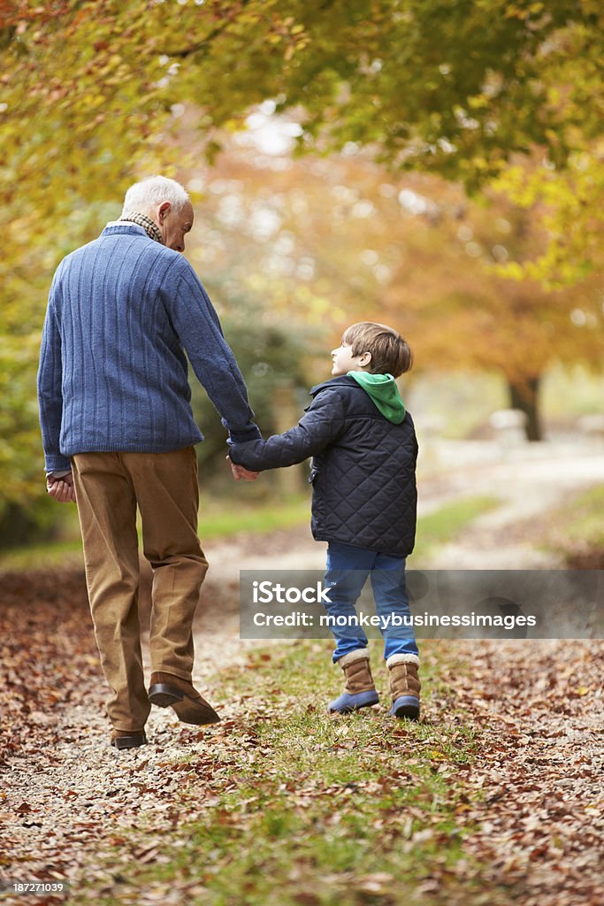 Rear View Of Grandfather And Grandson Walking Along Path Rear View Of Grandfather And Grandson Walking Along Path Holding Hands Looking At Each Other Family Love Outdoor Caption Grandparent Stock Photo