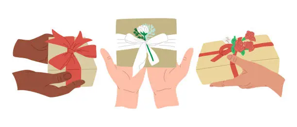 Vector illustration of Three diverse hands with wrapped gift boxes