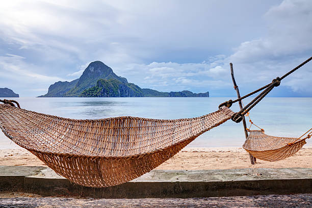 istock Hammocks anchored between palm trees on a sand beach 187272317