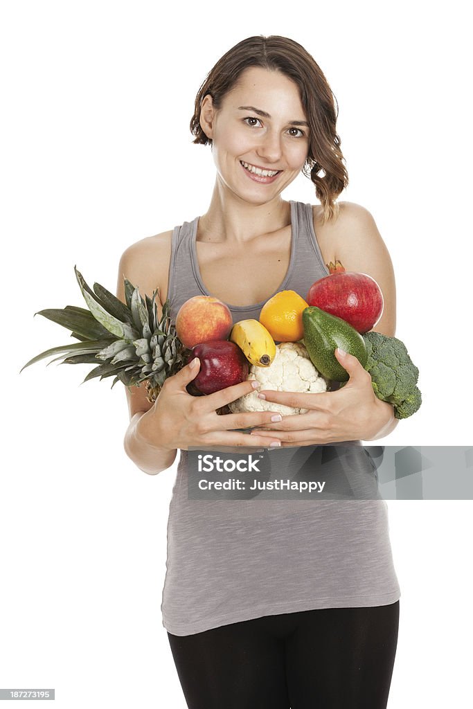 Bela modelo de ginástica com frutas e legumes - Foto de stock de 20-24 Anos royalty-free