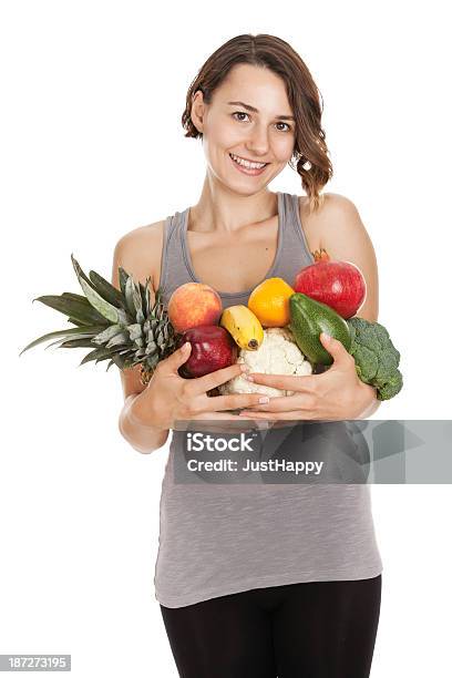 Foto de Bela Modelo De Ginástica Com Frutas E Legumes e mais fotos de stock de 20-24 Anos - 20-24 Anos, Abacate, Abacaxi