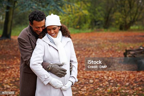 Glückliche Schwangere Paar Im Park Stockfoto und mehr Bilder von Schwanger - Schwanger, Winter, Paar - Partnerschaft