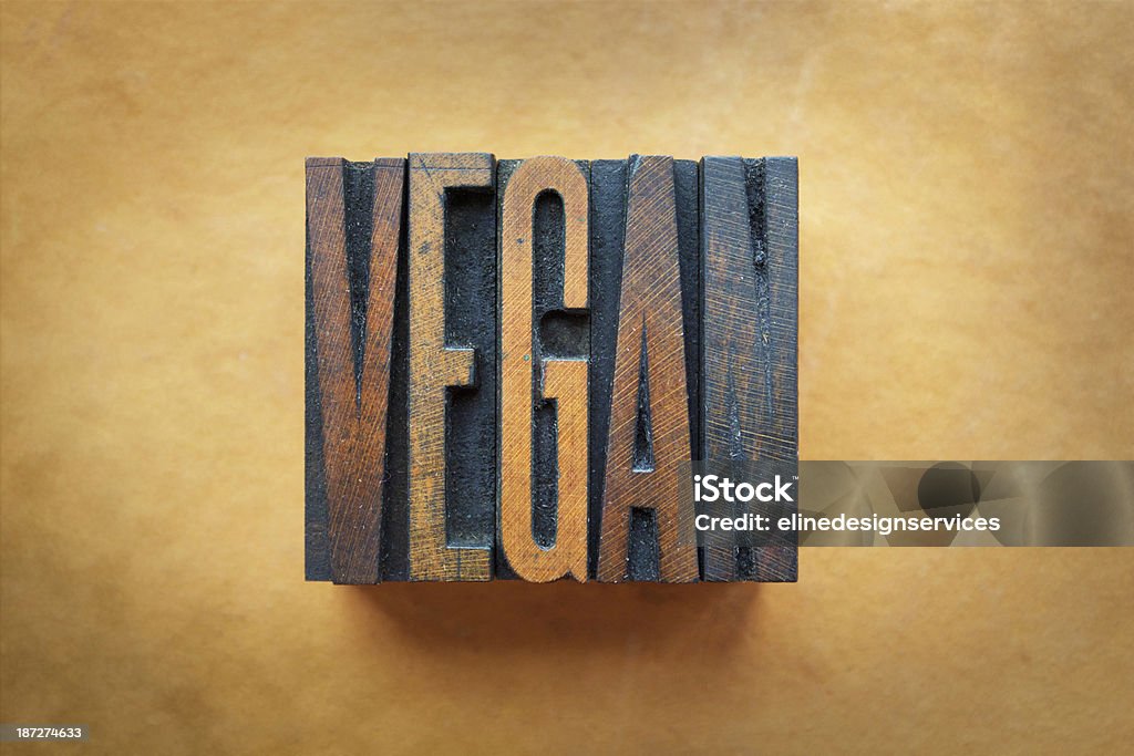 Vegan The word VEGAN written in vintage letterpress type. Alphabet Stock Photo