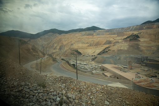 Kennecott Bingham Copper Mine in Salt Lake City, Utah.  A large 24/7 copper mine operating in the Southwest of the United States.  Has been in operation for over 120 years.