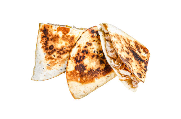 istock Mexican quesadilla with chicken, tomato, corn and cheese.  Isolated on white background, top view. 1872748446