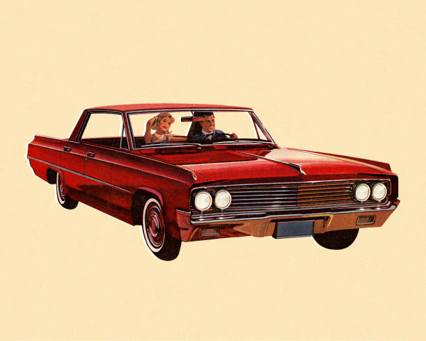 винтажный красный автомобиль - colored background adult photography color image stock illustrations
