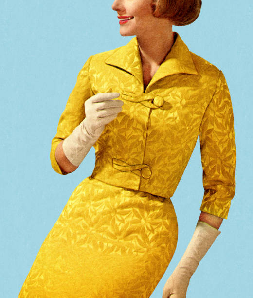 Smiling woman wearing vintage yellow suit Woman Wearing Yellow Suit kitsch photos stock illustrations