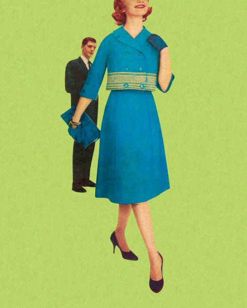 женщина в голубом костюме и человек за ее - colored background adult photography color image stock illustrations