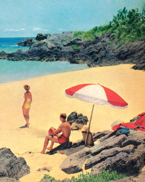 stockillustraties, clipart, cartoons en iconen met couple at the beach - sunbathing
