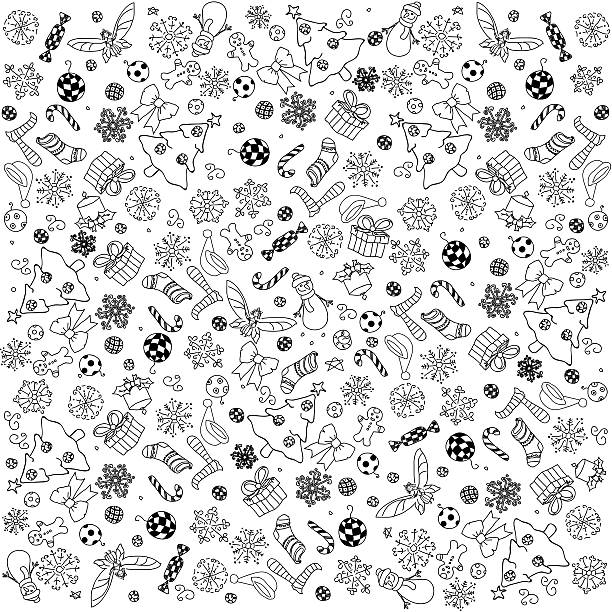 Christmas Doodles Background Xmas doodles, ready to use for greetings or invitation card. You may also use the individual hand drawn doodle clipart images within your design, on your website, blog or scrapbook. Also, these Christmas doodles graphics may be good for your gift packaging paper design or you may use it as a Christmas background. black and white photo christmas cards stock illustrations