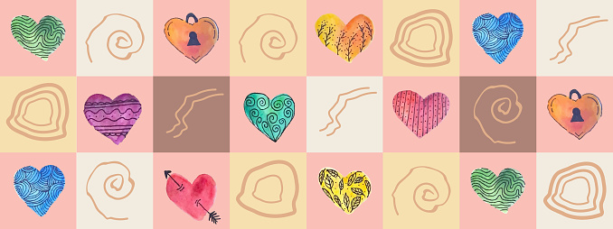 Seamless pattern with hearts. Vector illustration for Valentine's Day. Set of hand drawn hearts on a colored background.
