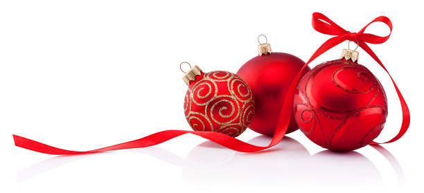 istock Three red Christmas baubles with ribbon bow isolated on white background 1872825557