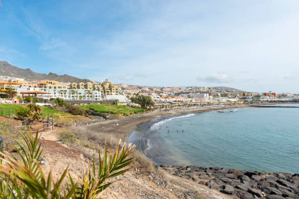 istock Sandy beach with thatched parasols and sunbeds, Costa Adeje, Tenerife 1872829729