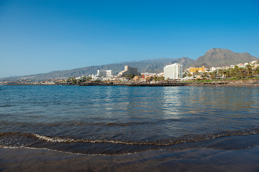 View aerial the beach and buildings of Las Americas of the southwest part of Tenerife in the Spanish Canary Islands.