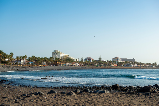 Sandy beach with thatched parasols and sunbeds, Costa Adeje, Tenerife