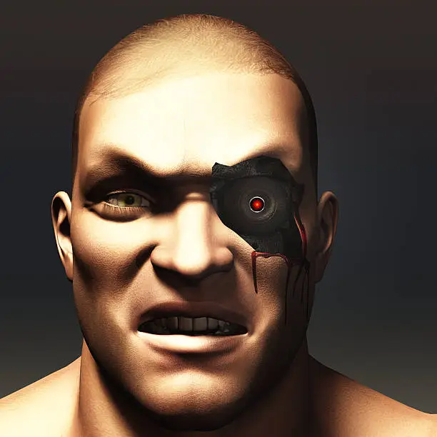 Portrait of cyborg of human appearance with skin removed to reveal glowing mechanical eye underneath
