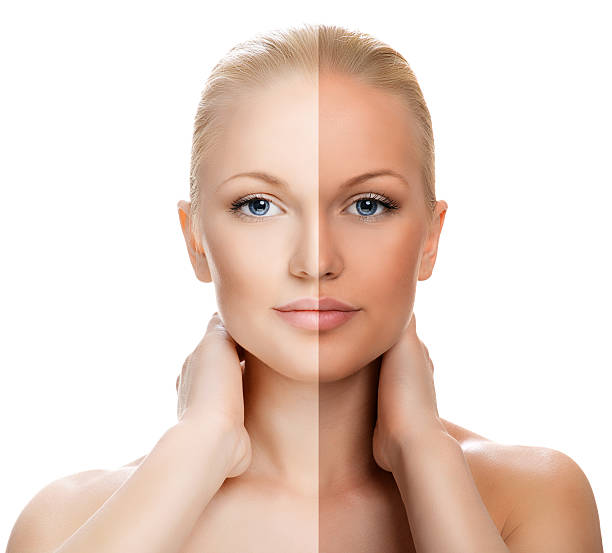Tan - before and after face divided in two parts, tanned and natural. tanning bed stock pictures, royalty-free photos & images