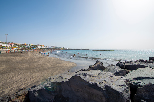 View aerial the beach and buildings of Las Americas of the southwest part of Tenerife in the Spanish Canary Islands.