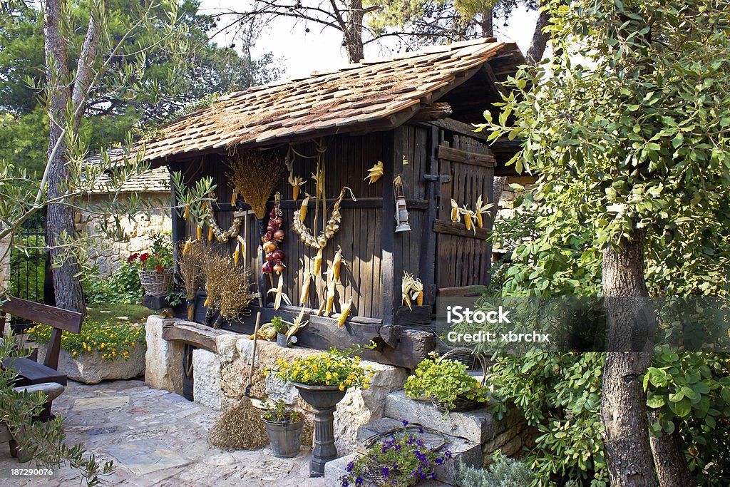 Traditional wooden corn drier store Traditional wooden corn drier store with ornaments, Croatia Cereal Plant Stock Photo