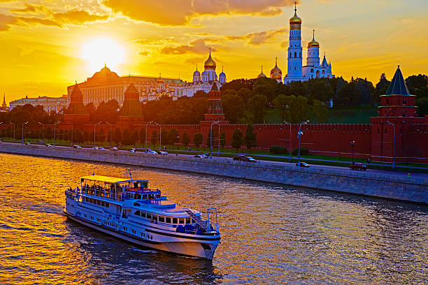Moscow, Russia, June 16, 2018: Aerial view of Moscva river and Moscow cityscape at sunset sunlight, Moscow, Russia.