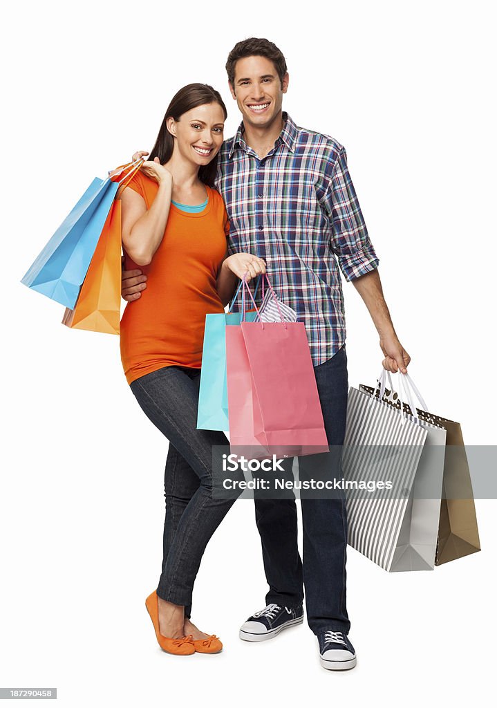 Casal segurando sacos de compras-isolada - Royalty-free Casal Foto de stock