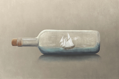 Illustration of ship inside a bottle, minimal surreal concept
