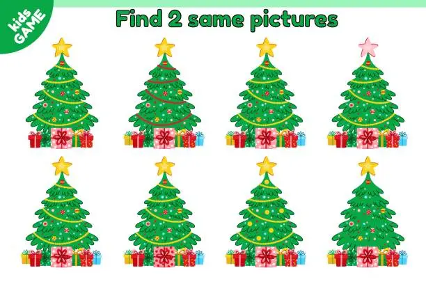Vector illustration of Educational kids game Find 2 same Christmas tree