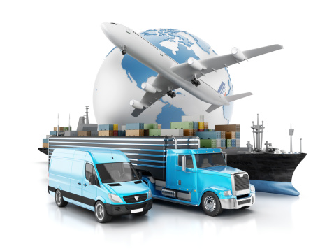 Globe, airplane, truck, cargo ship and van. Global air, sea and road transportation concept. 
