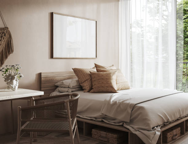 istock Scandinavian farmhouse bedroom interior, poster frame mockup 1872951459