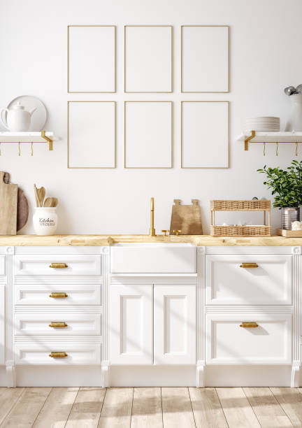 istock Scandinavian farmhouse kitchen interior, poster frame mockup 1872951464