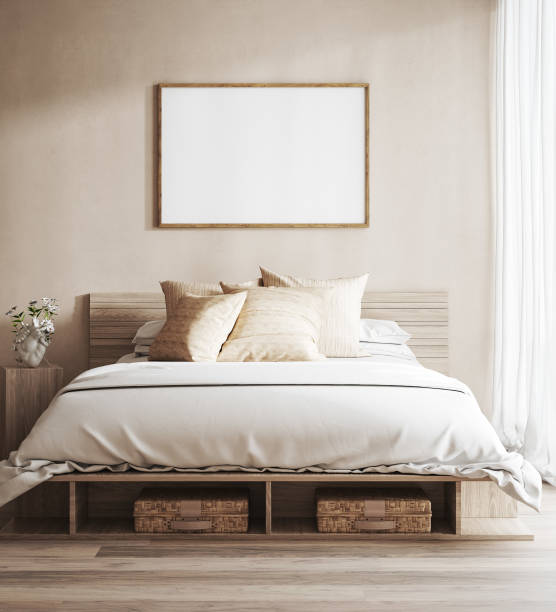 istock Scandinavian farmhouse bedroom interior, poster frame mockup 1872951465