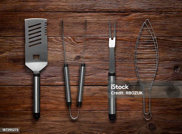 Bbq Tools On Wood Stock Photo - Download Image Now - Barbecue - Meal, Brown, Cooking