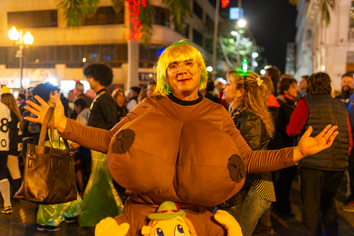 local people and tourists celebrate the carnival in the streets of the city center of Santa Cruz de Tenerife in funny costumes. The Carnival of Santa Cruz de Tenerife is considered the second most popular carnival in the world, after the one of Rio de Janeiro. March 1, 2017