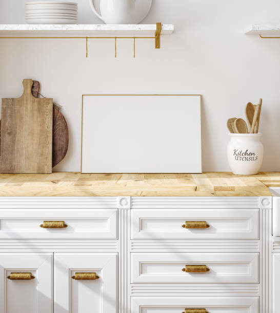 istock Scandinavian farmhouse kitchen interior, poster frame mockup 1872970491