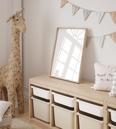 Mock up frame in children room with natural wooden furniture, 3D render