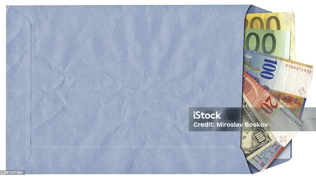 블루 봉투 삽입된 스위스 Franks 달러, 유로 지폐 - 로열티 �프리 0명 스톡 사진