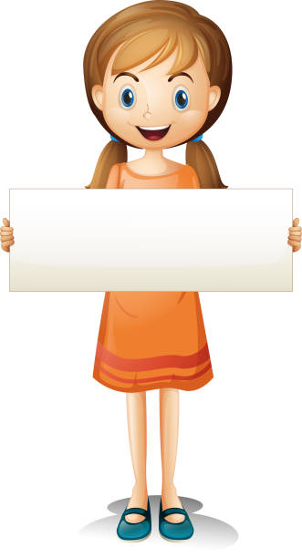 illustrazioni stock, clip art, cartoni animati e icone di tendenza di ragazza con un vestito arancione con banner vuoto - pigtails placard child holding