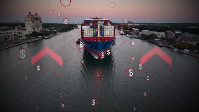 Container ship with imports from Asia. Rising prices and inflation in transportation concept. Global trade and economy animation with money, dollar USD icons. Aerial, 3D animation with VFX.