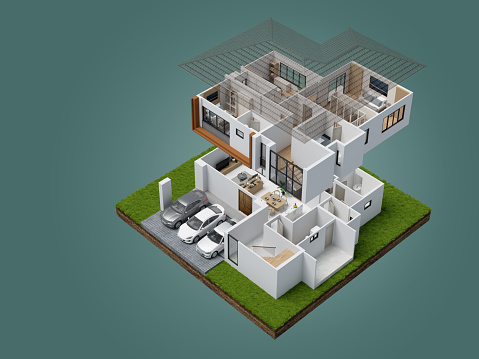 House interior component diagram isometric top view isolated on blue background.3d rendering