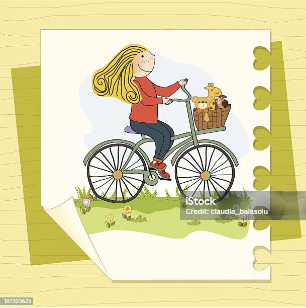 Happy Girl On Bike Stock Illustration - Download Image Now - Adult, Basket, Blond Hair