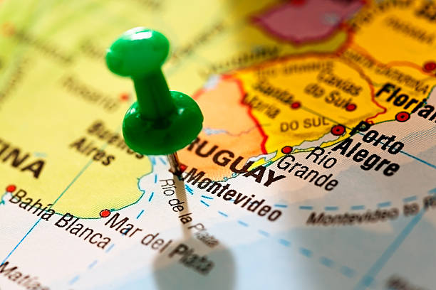 istock Green pushpin marks Montevideo, capital of Uruguay, on map 187305790