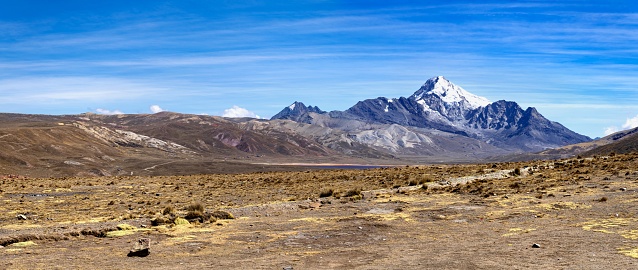 La Paz, Bolivia, October 15, 2023: View of the mountain Huayna Potosí in Bolivian Andes near the town of La Paz. on a sunny day.