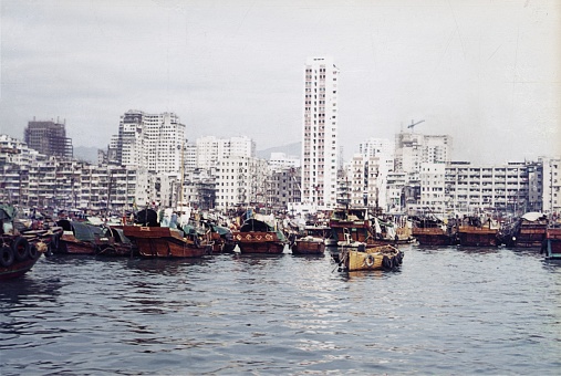 British Hong Kong, China, 1978. City view with junks.