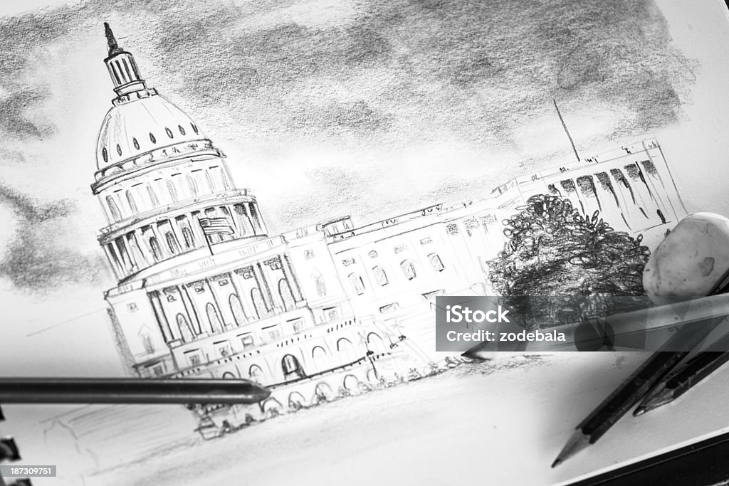 Pencil Drawing of Capitol Hill Building, Washington D.C. Drawing of the Capitol hill building. American Culture Stock Photo
