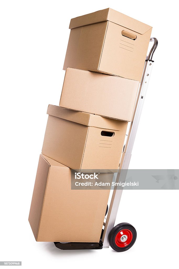 Carretilla industrial y cajas de cartón (clipping path (Borde de corte)) - Foto de stock de Caja libre de derechos