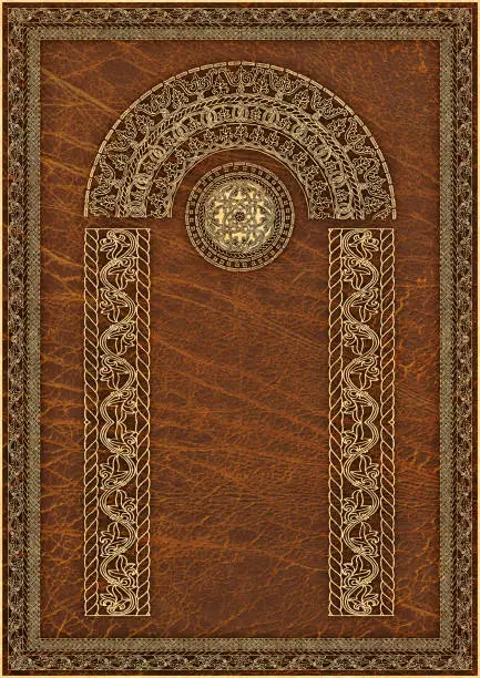 This Hi-Res, Medieval Arabesque Gilded Elaborate Decorative Pattern, with Serpentine-styled Columns, Barrel Vault and Rosette, on Old Dark Umber Brown Animal Skin Parchment Grunge Texture, is defined with exceptional details and richness, and represents the excellent choice for various CG Projects. 