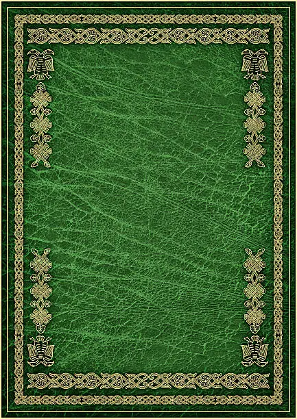 This High Resolution Old Dark Jade Green Animal Skin Parchment Vignette Grunge Texture, with Medieval, Arabesque Gilded Decorative Border, is defined with exceptional details and richness, and represents the excellent choice for implementation within various CG Projects. 