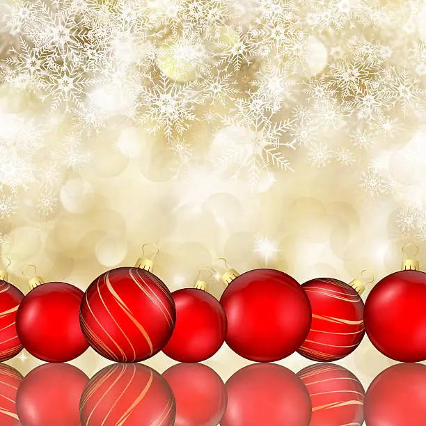 Christmas background of  baubles on falling snowflakes