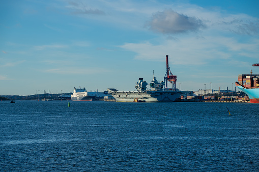 Gothenburg, Sweden - October 16 2023: Aircraft carrier HMS Queen Elizabeth at port at Skandiahamnen.